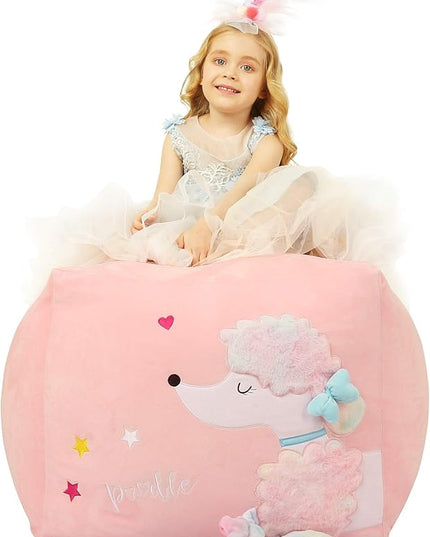 Kids Bean Bag Chairs Pink, Poodle Toy Organizers and Storage for Girls Bedroom, Velvet Fabric Super Soft Extra Large Cover Only - LeafyLoom