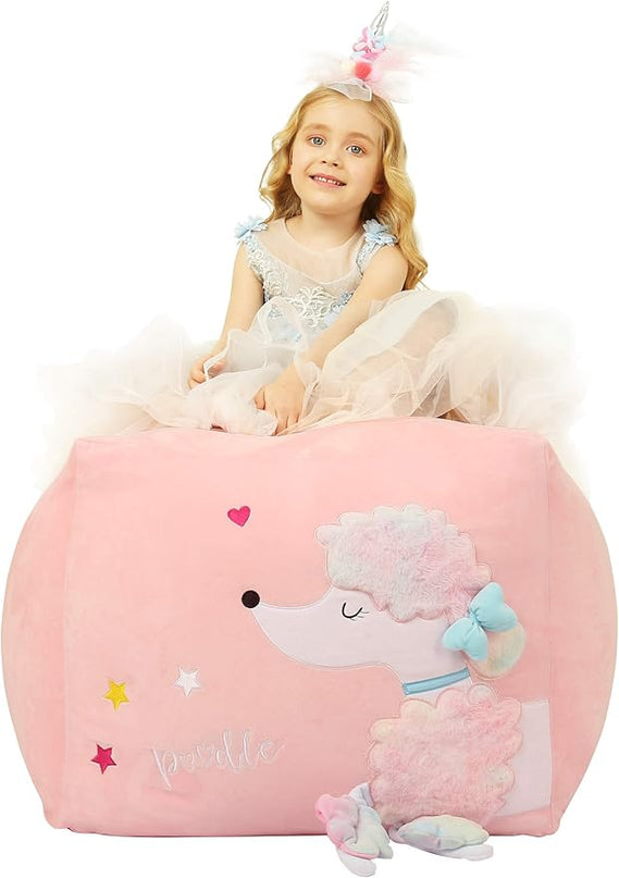 Kids Bean Bag Chairs Pink, Poodle Toy Organizers and Storage for Girls Bedroom, Velvet Fabric Super Soft Extra Large Cover Only - LeafyLoom