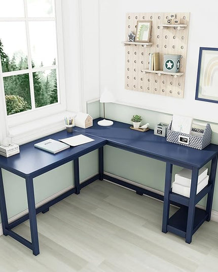 Max & Lily Solid Wood Corner Desk, 55 x 55 Inches, Blue - LeafyLoom