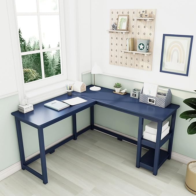 Max & Lily Solid Wood Corner Desk, 55 x 55 Inches, Blue - LeafyLoom