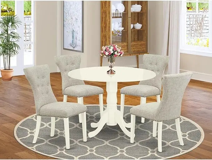 East West Furniture Dublin 5 Piece Set for 4 Includes a Round Kitchen Table with Dropleaf and 4 Doeskin Linen Fabric Parson Dining Room Chairs, 42x42 Inch, DLGA5-WHI-35 - LeafyLoom