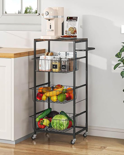 AIYAKA Kitchen Storage Cart 4 Tier Utility Rolling Microwave Cart on Wheels with Pull-Out Baskets and Wood Top for laundry room pantry bathroom, Brown - LeafyLoom