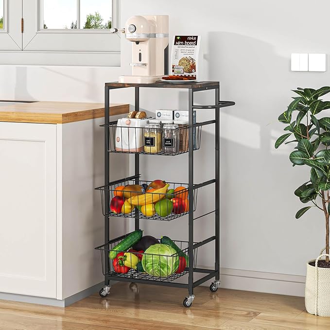 AIYAKA Kitchen Storage Cart 4 Tier Utility Rolling Microwave Cart on Wheels with Pull-Out Baskets and Wood Top for laundry room pantry bathroom, Brown - LeafyLoom
