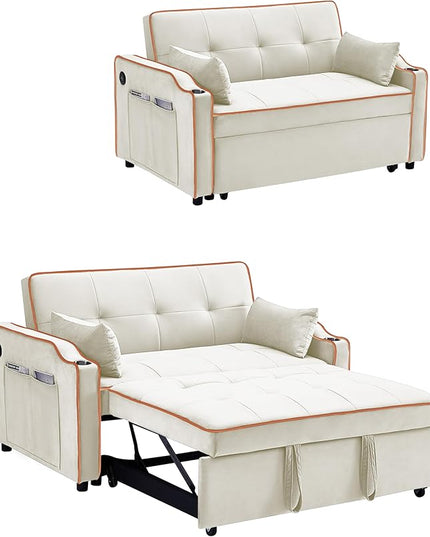 3-in-1 Velvet Upholstered Sofabed Tufted Futon Loveseat Sofa Convertible Sleeper Couch Bed with Cupholders and USB Charging Ports,Modern 2-Seaters Love Seat Daybed for Living Room, 55.2", Beige1 - LeafyLoom