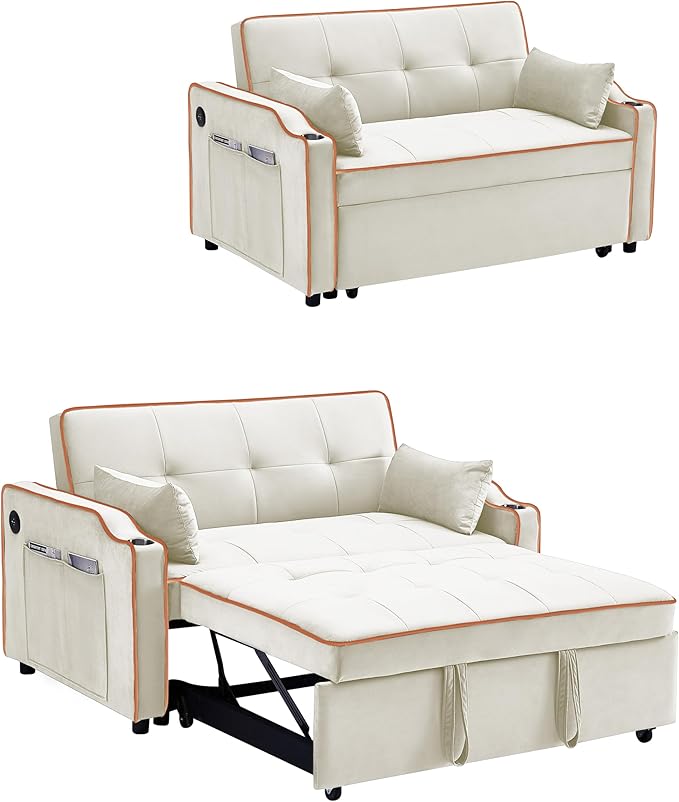 3-in-1 Velvet Upholstered Sofabed Tufted Futon Loveseat Sofa Convertible Sleeper Couch Bed with Cupholders and USB Charging Ports,Modern 2-Seaters Love Seat Daybed for Living Room, 55.2", Beige1 - LeafyLoom