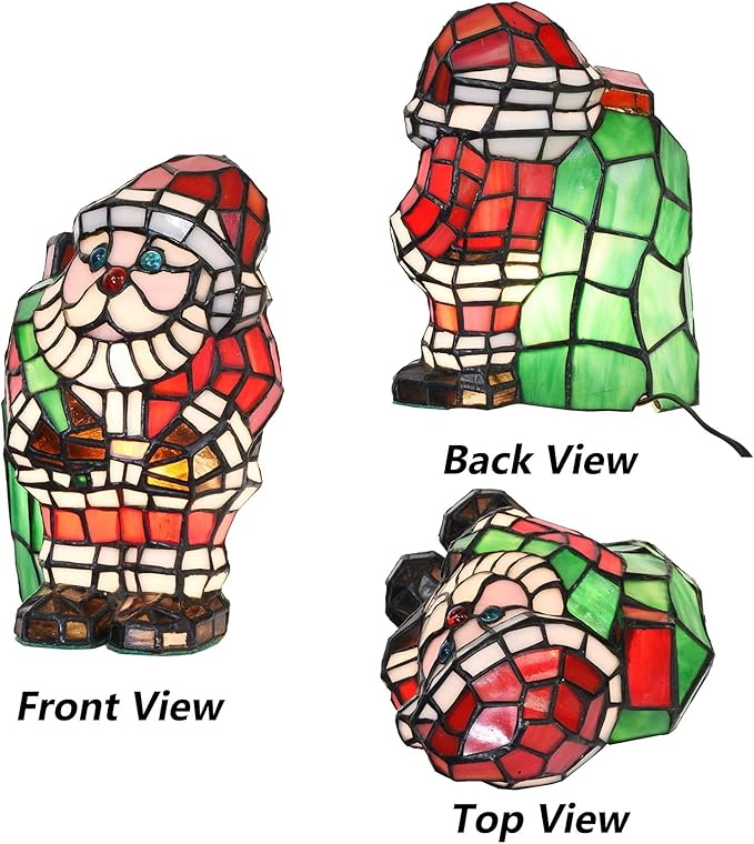 Bieye L10826 Christmas Santa Claus Table Lamp Tiffany Style Stained Glass Night Light for Home Décor (5.75" L x 6.75" D x 9" H) - LeafyLoom