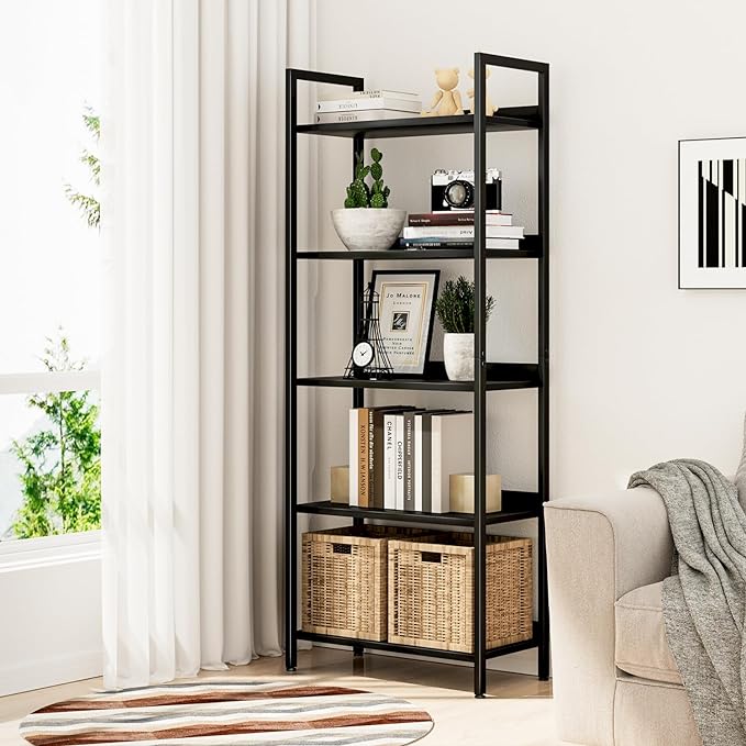 NUMENN Bookshelf, 5 Tier Bookshelves, Home Office Bookcase Shelf Storage Organizer, Free Standing Storage Shelving Unit for Bedroom, Living Room and Home Office, Black - LeafyLoom