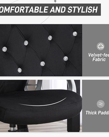 Vinsetto Home Office Chair, Velvet Computer Chair, Button Tufted Desk Chair with Swivel Wheels, Adjustable Height, and Tilt Function, Black - LeafyLoom