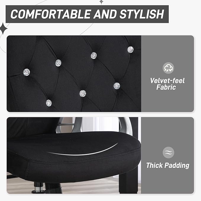 Vinsetto Home Office Chair, Velvet Computer Chair, Button Tufted Desk Chair with Swivel Wheels, Adjustable Height, and Tilt Function, Black - LeafyLoom
