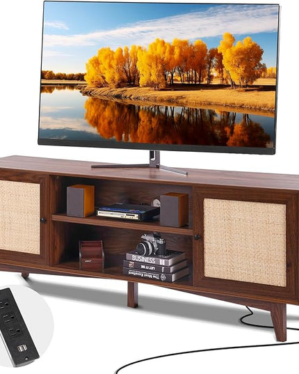 VEVOR Rattan TV Stand for 75in TV, Boho TV Stand with Rattan Door, Entertainment Center with Build-in Socket, Storage Cabinet with 2 Shelves, Modern TV Console for Living Room, Media Room, Walnut - LeafyLoom
