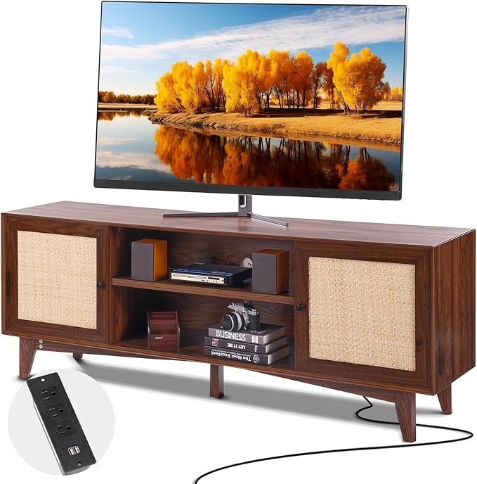 VEVOR Rattan TV Stand for 75in TV, Boho TV Stand with Rattan Door, Entertainment Center with Build-in Socket, Storage Cabinet with 2 Shelves, Modern TV Console for Living Room, Media Room, Walnut - LeafyLoom