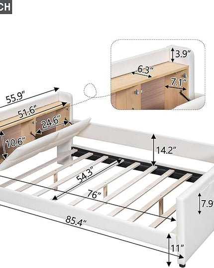 Full Size PU Upholstered Platform Storage Headboard,Footboard and 3 Pockets,Bedroom Solid Wood Bed Frame w/Security Guardrail & Slat Support,for Kids,Teen,Boys,Girls,Beige - LeafyLoom