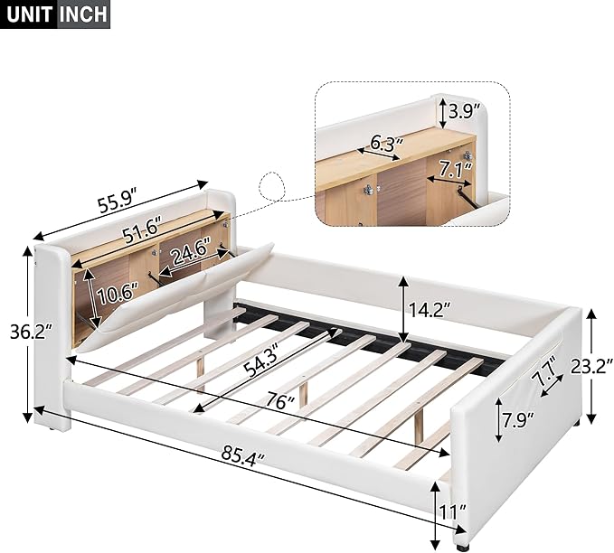 Full Size PU Upholstered Platform Storage Headboard,Footboard and 3 Pockets,Bedroom Solid Wood Bed Frame w/Security Guardrail & Slat Support,for Kids,Teen,Boys,Girls,Beige - LeafyLoom