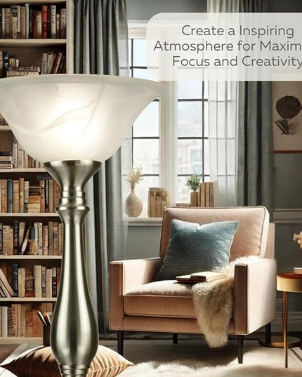 LIGHTACCENTS Floor Lamp, Standing Lamp 72-inch Tall Lamp Brushed Nickel White Alabaster Glass Shade - Torchiere, Pole Lamp, Corner Lamp, Floor Lamps for Living Room, Standing Lamps for Bedroom - LeafyLoom