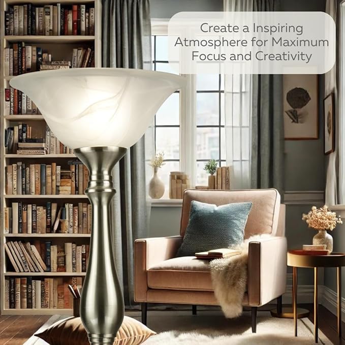 LIGHTACCENTS Floor Lamp, Standing Lamp 72-inch Tall Lamp Brushed Nickel White Alabaster Glass Shade - Torchiere, Pole Lamp, Corner Lamp, Floor Lamps for Living Room, Standing Lamps for Bedroom - LeafyLoom