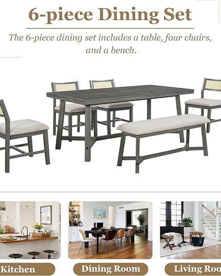 Merax 6-piece Retro Farmhouse Style Dining Set for 6 Rectangular Wood Kitchen Table with 4 Rattan Backrest Upholstered Chairs & Bench for Living Room, Home, Gray - LeafyLoom