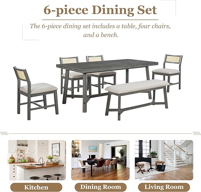 Merax 6-piece Retro Farmhouse Style Dining Set for 6 Rectangular Wood Kitchen Table with 4 Rattan Backrest Upholstered Chairs & Bench for Living Room, Home, Gray - LeafyLoom