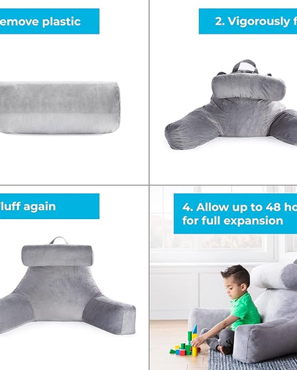 LINENSPA Reading Pillow with Shredded Memory Foam- Back Pillow for Sitting in Bed, Reading, Gaming, Watching TV – Chair Pillow with Arms, Dorm Room Essentials, Stone - LeafyLoom
