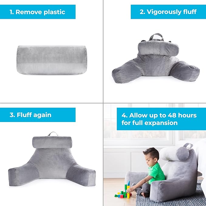 LINENSPA Reading Pillow with Shredded Memory Foam- Back Pillow for Sitting in Bed, Reading, Gaming, Watching TV – Chair Pillow with Arms, Dorm Room Essentials, Stone - LeafyLoom