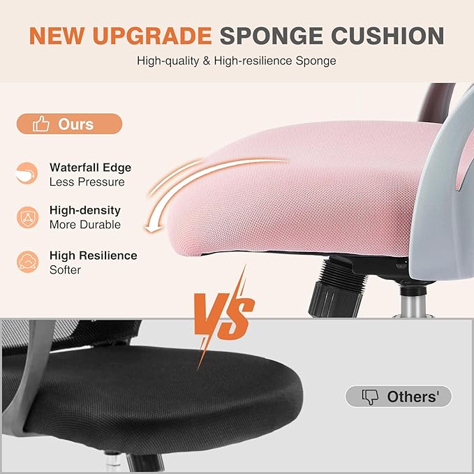Sweetcrispy Office Computer Desk Chair, Ergonomic Mid-Back Mesh Rolling Work Swivel Task Chairs with Wheels, Comfortable Lumbar Support, Comfy Flip-up Arms for Home, Bedroom, Study, Student, Pink - LeafyLoom