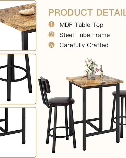 Recaceik 3 Piece Pub Dining Set, Modern bar Table and Stools for 2 Kitchen Counter Height Wood Top Bistro Easy Assemble for Breakfast Nook Living Room Small Space Restaurant, Rustic Brown 24” - LeafyLoom