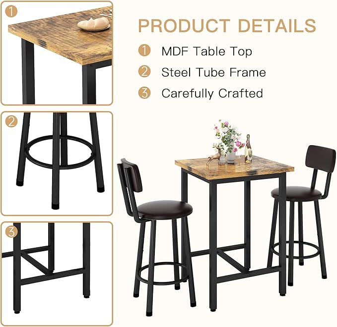 Recaceik 3 Piece Pub Dining Set, Modern bar Table and Stools for 2 Kitchen Counter Height Wood Top Bistro Easy Assemble for Breakfast Nook Living Room Small Space Restaurant, Rustic Brown 24” - LeafyLoom
