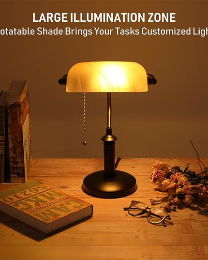 TORCHSTAR Pale Yellow Glass Bankers Desk Lamp, UL Listed, Antique Desk Lamps with Uniquely Textured, Traditional Library Lamp with Pull Chain, E26 Base, Desk Lamp for Office, Study Room - LeafyLoom