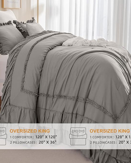 Grey Oversized King Comforter 120x120,Farmhouse Shabby Boho Chic Gray Ruffled California King Comforter Oversized,Vintage French Country Bedding Comforter with Ruffles for All Season - LeafyLoom