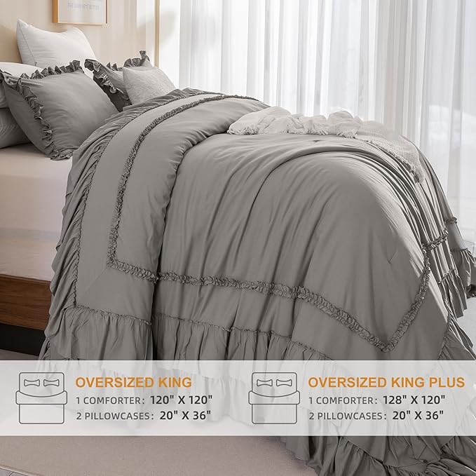 Grey Oversized King Comforter 120x120,Farmhouse Shabby Boho Chic Gray Ruffled California King Comforter Oversized,Vintage French Country Bedding Comforter with Ruffles for All Season - LeafyLoom