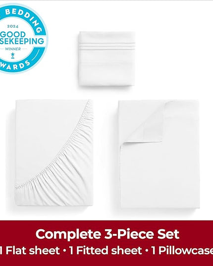 Mellanni Extra Deep Twin Sheets - 3 PC Iconic Collection Bedding Sheets & Pillowcases - Hotel Luxury, Ultra Soft, Cooling Bed Sheets - Extra Deep Pocket up to 21 inch (Twin, White) - LeafyLoom