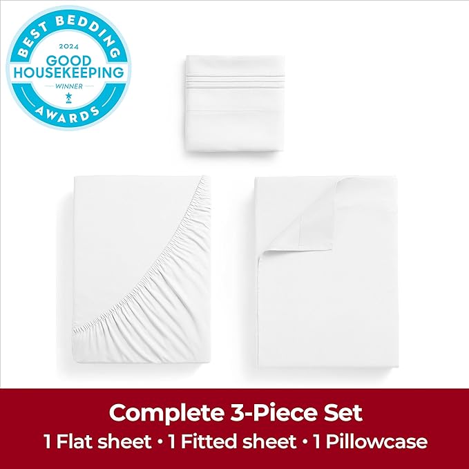 Mellanni Extra Deep Twin Sheets - 3 PC Iconic Collection Bedding Sheets & Pillowcases - Hotel Luxury, Ultra Soft, Cooling Bed Sheets - Extra Deep Pocket up to 21 inch (Twin, White) - LeafyLoom