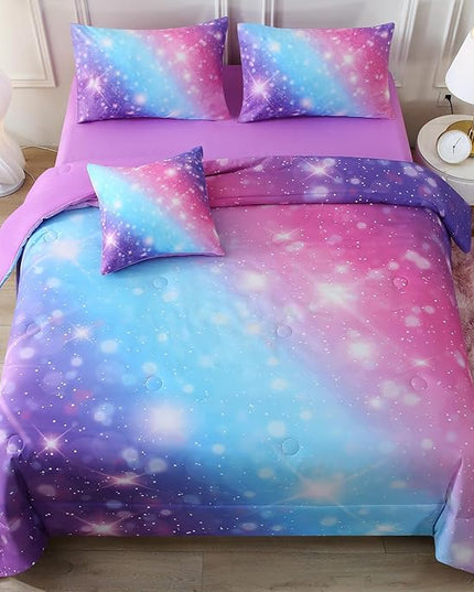 JQinHome Glitter Bedding Set Queen Size,6 Piece Bed in A Bag 3D Colorful Rainbow Galaxy Comforter Set for Girls Kids-All Season Microfiber Tie-Dye Bedding Sets (Blue Purple) - LeafyLoom