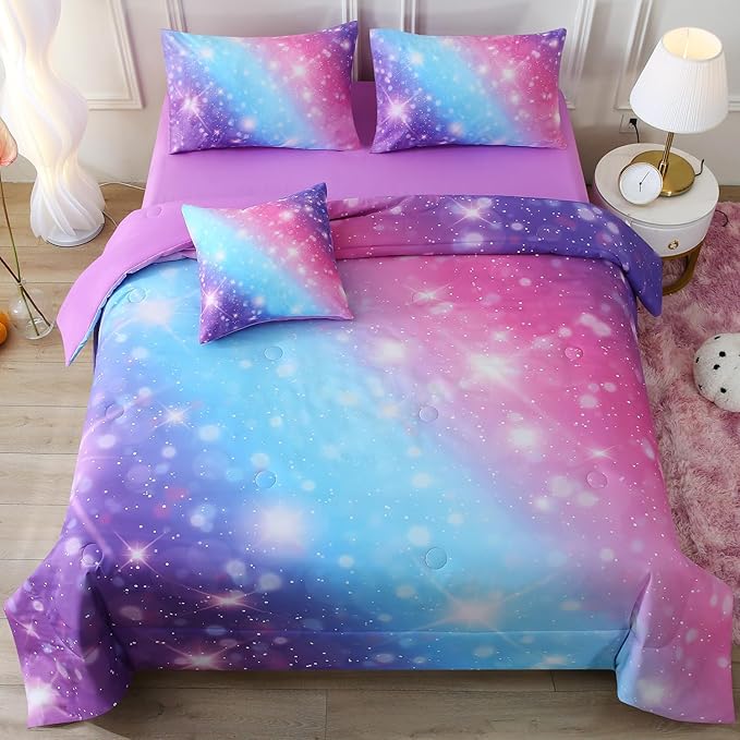 JQinHome Glitter Bedding Set Queen Size,6 Piece Bed in A Bag 3D Colorful Rainbow Galaxy Comforter Set for Girls Kids-All Season Microfiber Tie-Dye Bedding Sets (Blue Purple) - LeafyLoom