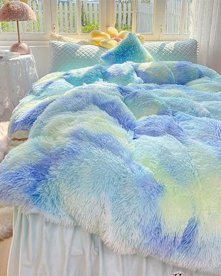 Faux Fur Kids Girls Green Rainbow Comforter Sets King - 3PC Bed Set Warm Comfortable Soft Plush Flannel Velvet Fluffy Fuzzy Bedding（Comforter x 1 Pillowcases x 2） - LeafyLoom
