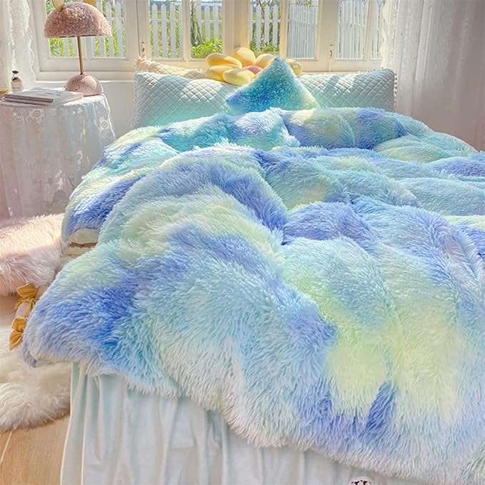 Faux Fur Kids Girls Green Rainbow Comforter Sets King - 3PC Bed Set Warm Comfortable Soft Plush Flannel Velvet Fluffy Fuzzy Bedding（Comforter x 1 Pillowcases x 2） - LeafyLoom