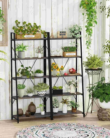 BON AUGURE 5-Tier Ladder Shelf, Industrial Leaning Bookcase, Wood and Metal Ladder Bookshelf for Living Room, Bedroom, Kitchen, Home Office (Grey Oak) - LeafyLoom