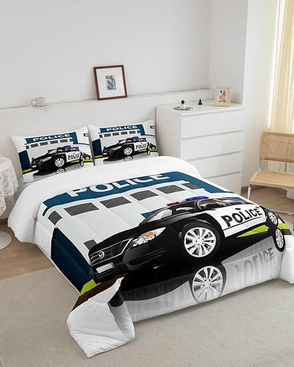 Children Police Car Comforter Set, 3D Car Pattern Down Comforter Full Size for Kids Boys Girls Teens Bedroom, Cartoon Automobile Quilted Duvet, Decorative 3 Piece Bedding Set with 2 Pillow Cases - LeafyLoom