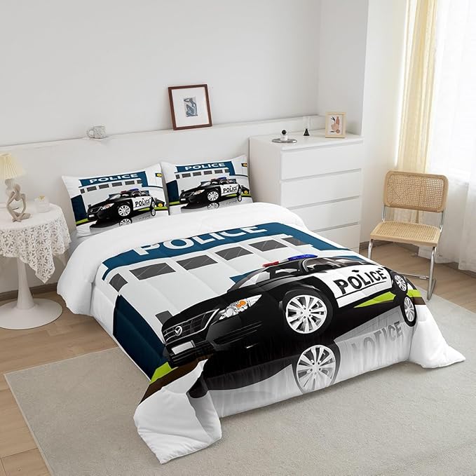 Children Police Car Comforter Set, 3D Car Pattern Down Comforter Full Size for Kids Boys Girls Teens Bedroom, Cartoon Automobile Quilted Duvet, Decorative 3 Piece Bedding Set with 2 Pillow Cases - LeafyLoom