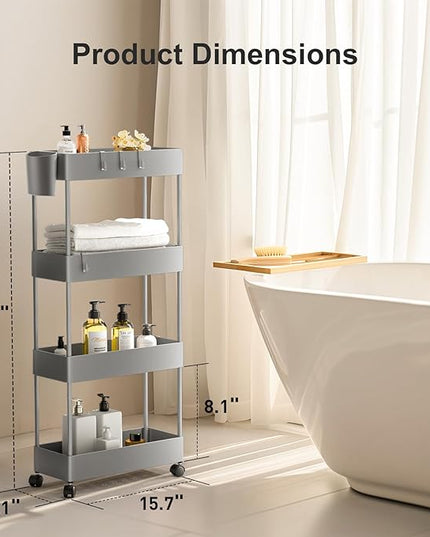 Pipishell Slim Storage Cart with Wheels, 4 Tier Bathroom Storage Organizer Rolling Utility Cart for Bathroom Kitchen Laundry Room Office Narrow Place (Gray) - LeafyLoom