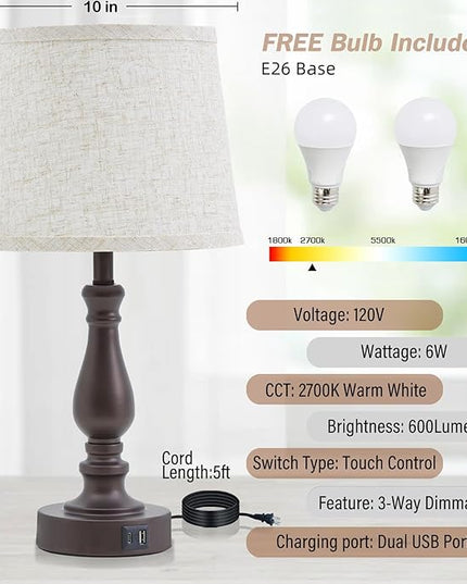 Table Lamps for Bedrooms Set of 2 - Touch Bedside Lamps with Dual USB Ports - 3 Way Dimmable Nightstand Lamps for End Tables Farmhouse Night Stand Lamps for Living Room Bed Side Guest Room - LeafyLoom