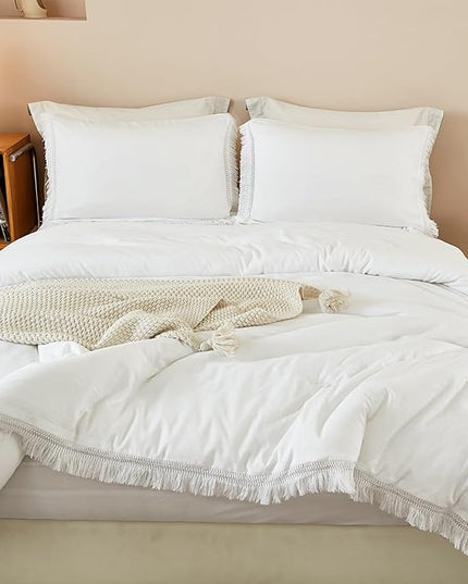 Litanika California King Comforter Set White, 3 Pieces Cal King Boho Tassel Bed Comforter, Oversized Soft Lightweight Bedding Comforter Sets for All Season(1 Comforter 104x96 inch, 2 Pillowcases) - LeafyLoom