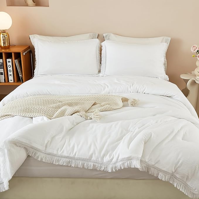 Litanika California King Comforter Set White, 3 Pieces Cal King Boho Tassel Bed Comforter, Oversized Soft Lightweight Bedding Comforter Sets for All Season(1 Comforter 104x96 inch, 2 Pillowcases) - LeafyLoom