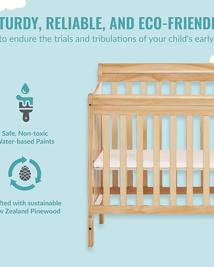 Aden 4-in-1 Convertible Mini Crib In Natural, Greenguard Gold Certified, Non-Toxic Finish, New Zealand Pinewood, With 3 Mattress Height Settings - LeafyLoom