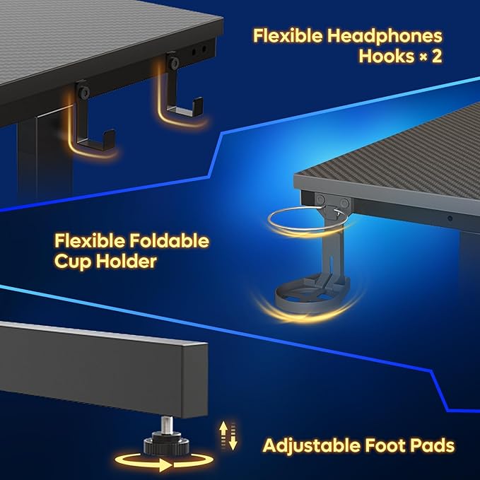 Bestier 52 inch Gaming Desk with Power Outlets and USB Charging Ports, Sturdy Computer Desk with LED Lights and Monitor Stand, Computer Table for Home Office, Easy to Assemble, Carbon Fiber Black - LeafyLoom