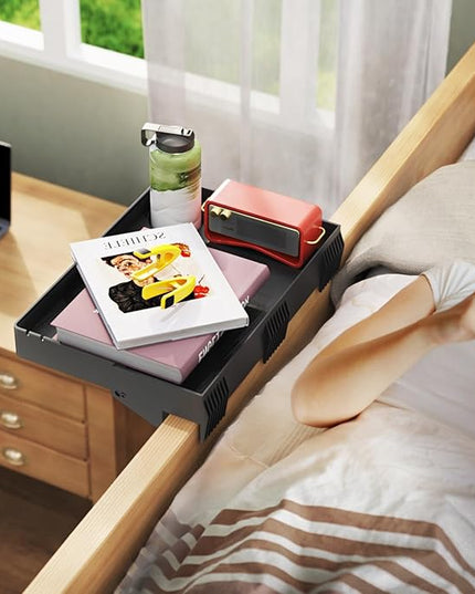 SPACELEAD Bedside Shelf for Bed – College Dorm Room Clip On Nightstand with Cup Holder & Cord Holder -Tray Table Caddy for Students – Bunk Bed Shelf for Organizer Top for Bedroom (Black，Plastic) - LeafyLoom