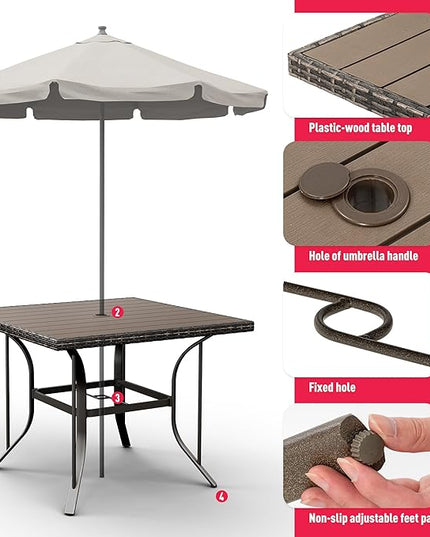 Pamapic 5 Piece Patio Dining Set for 4,Outdoor Wicker Furniture Set for Backyard Garden Deck Poolside with 4 Cushions Swivel Rocker Chairs,Square Plastic-Wood Table Top, Removable Cushions(Beige) - LeafyLoom