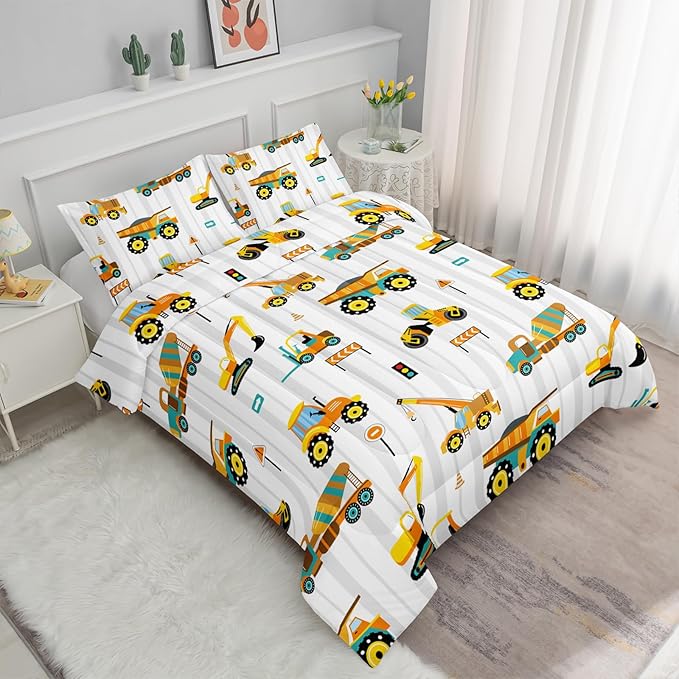 Axolotl Yellow Excavator Comforter Set Full Size,Cartoon Excavator Bedding Set,Kids Machinery Truck Comforte Set,White Stripe Bedding Vehicle Car Decor for Kids Boys Teens,1 Quilt 2 Pillowcases - LeafyLoom