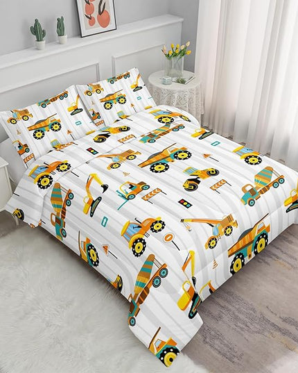 Axolotl Yellow Excavator Comforter Set Queen Size,Cartoon Excavator Bedding Set,Kids Machinery Truck Comforte Set,White Stripe Bedding Vehicle Car Decor for Kids Boys Teens,1 Quilt 2 Pillowcases - LeafyLoom