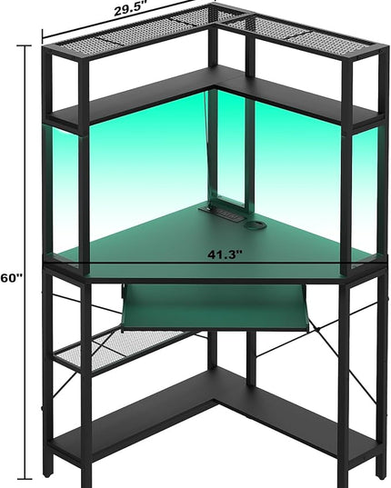 Cyclysio Small Corner Desk with Hutch, Corner Gaming Desk with LED Light & Power Outlets, Computer Desk with Keyboard Tray, Triangel Desk for Small Space, Home Office, Workstation, Black - LeafyLoom