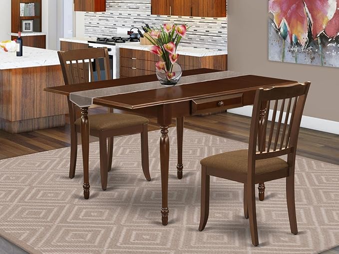 East West Furniture MZDA3-MAH-C Monza 3 Piece Kitchen Set for Small Spaces Contains a Rectangle Dining Table with Dropleaf and 2 Linen Fabric Upholstered Chairs, 36x54 Inch - LeafyLoom